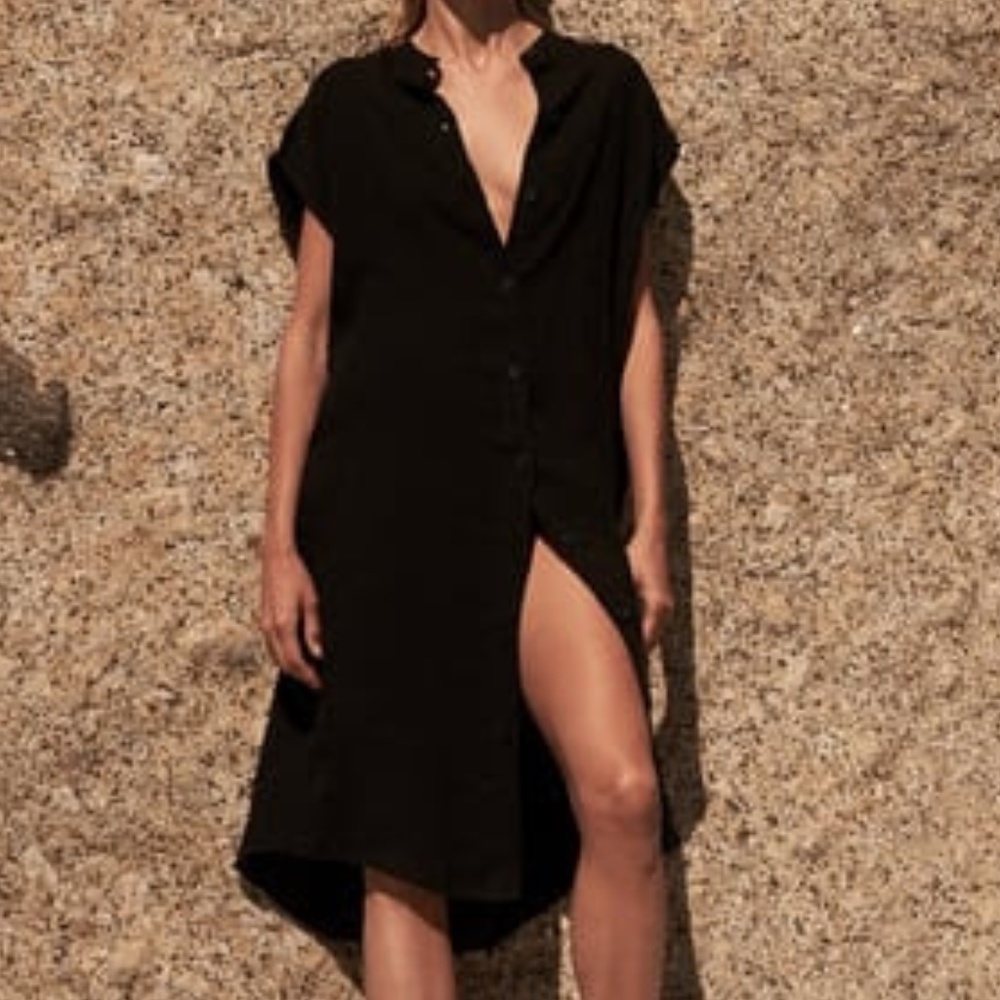 Zara Long Linen Blouse Dress in XL Black